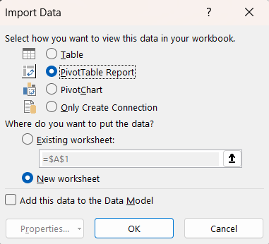 Selected PivotTable Report and location to place Pivot Table from multiple sheets