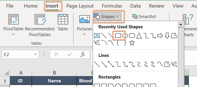 Selecting rectangle shape to insert picture in cell