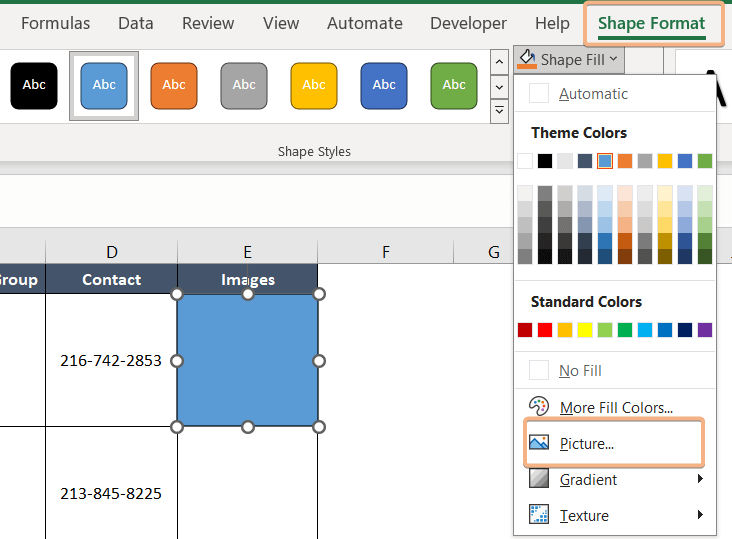 Selecting picture in rectangle shape to insert picture in cell