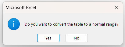 Click yes to convert the table into normal range to resolve issue