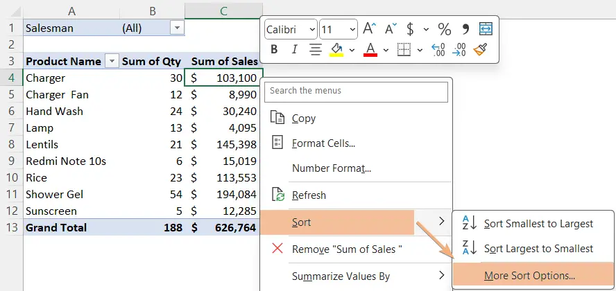 Accessed More Sort Options to sort Pivot Table by value in Excel