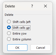 Shift cells up after deleting cells in Excel