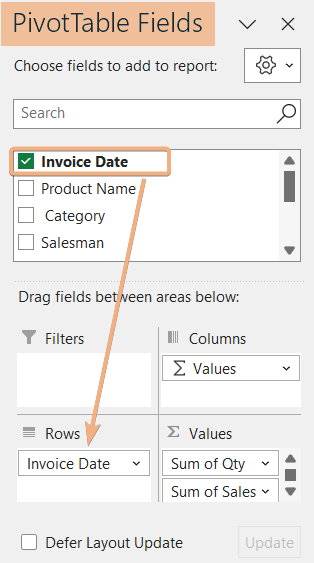 Drag data and organize Pivot Table to group by month in Excel