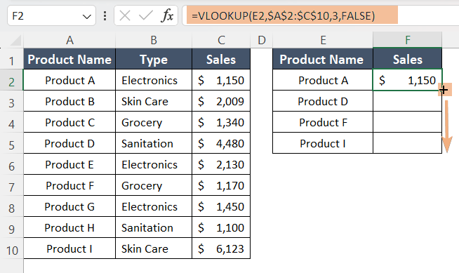 VLOOKUP formula with Fill Handle to match two columns and output third