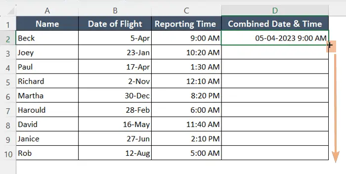 Fill Handle to copy down the formula in the column to combine date and time