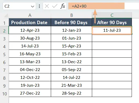 Used minus sign to calculate after 90 days from the date in Excel