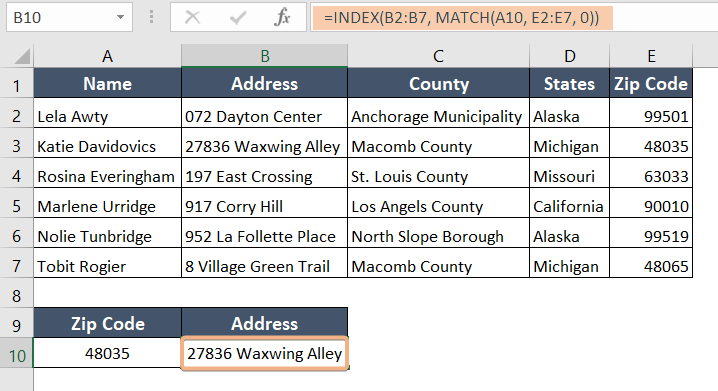 Using the INDEX MATCH formula to look up a Zip code