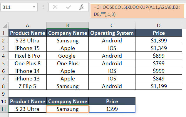 Using the combination of Choosecols XLOOKUP Function to return array with selected columns