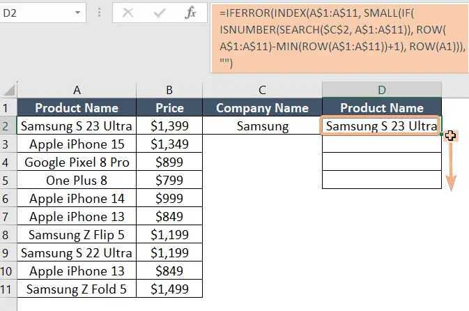 To Vlookup partial match multiple values, use the combination of IFERROR, INDEX, SMALL, ISNUMBER, SEARCH and ROW functions