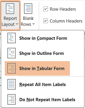 Selected Show in Tabular Form from Report Layout dropdown in Pivot Table