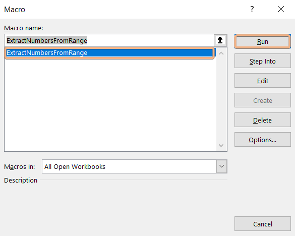 Using a VBA code macro in the Excel window to extract digits from a string