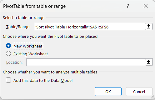 Chose the location to place the inserted Pivot Table