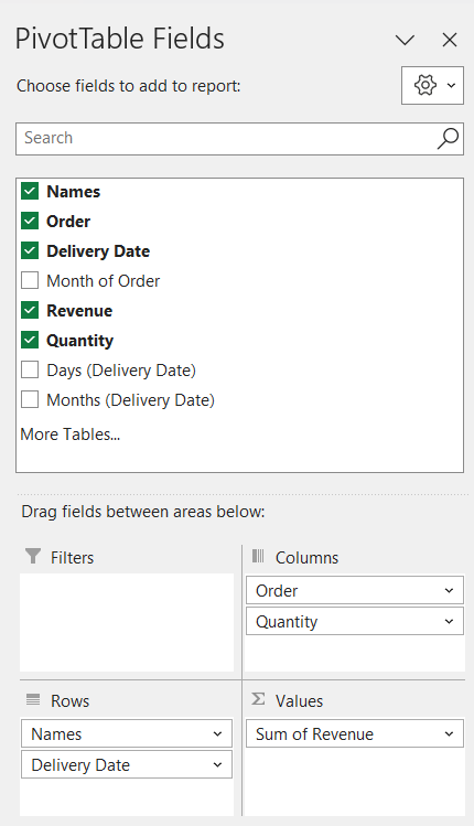 Selected fields to create a Pivot Table in Excel