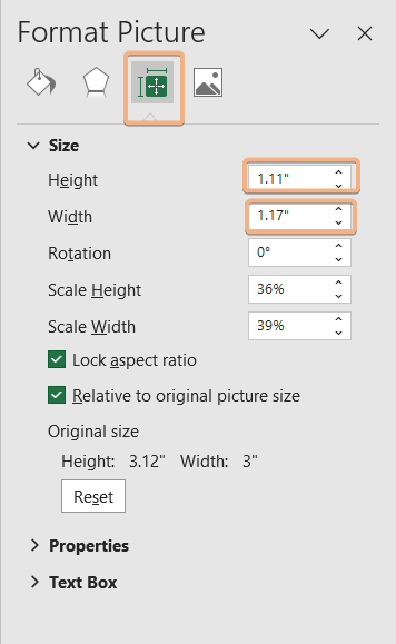 Format height width option to cell using formatting