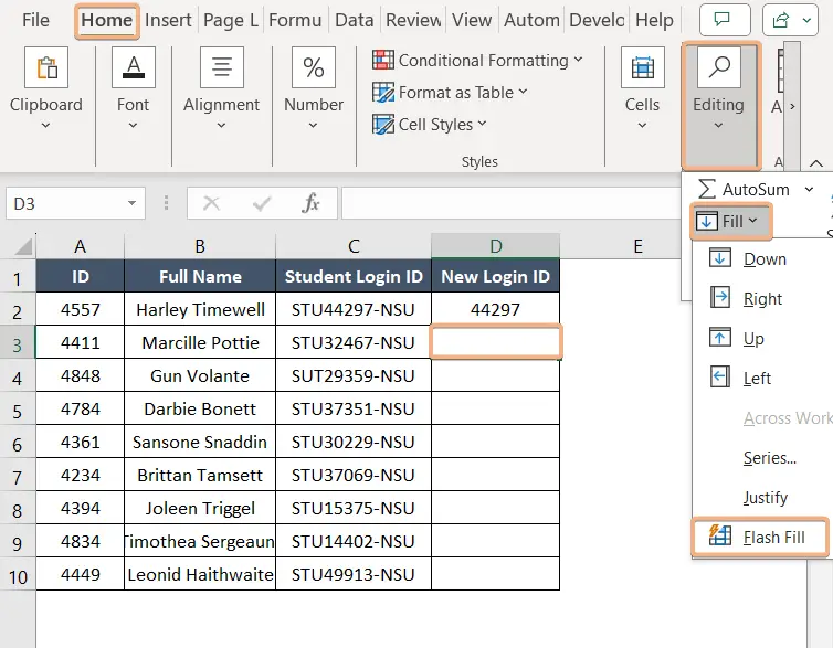 Selecting Flash Fill option