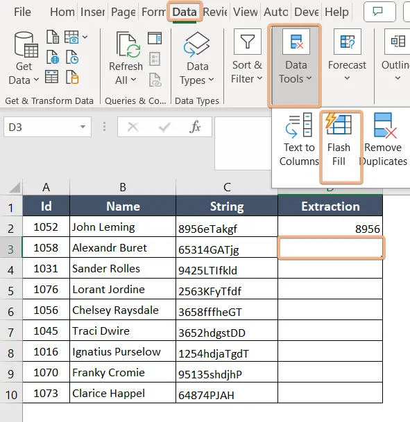 Applying Flash Fill using the Flash Fill option