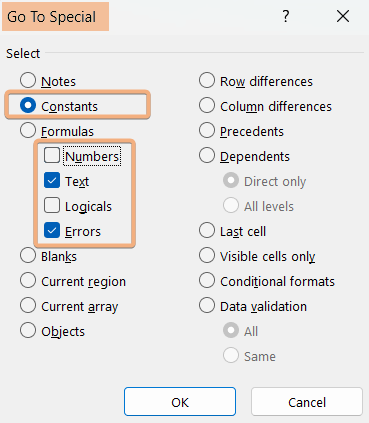 Choose constants option in Go to Special dialog box