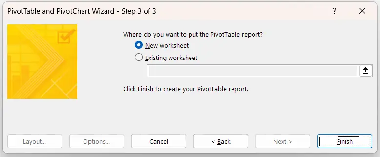 Chose location to put the Pivot Table created from multiple sheets