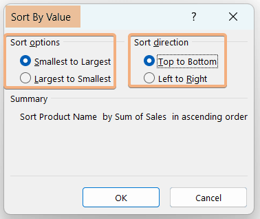 Chose option in the sort by value dialog box 