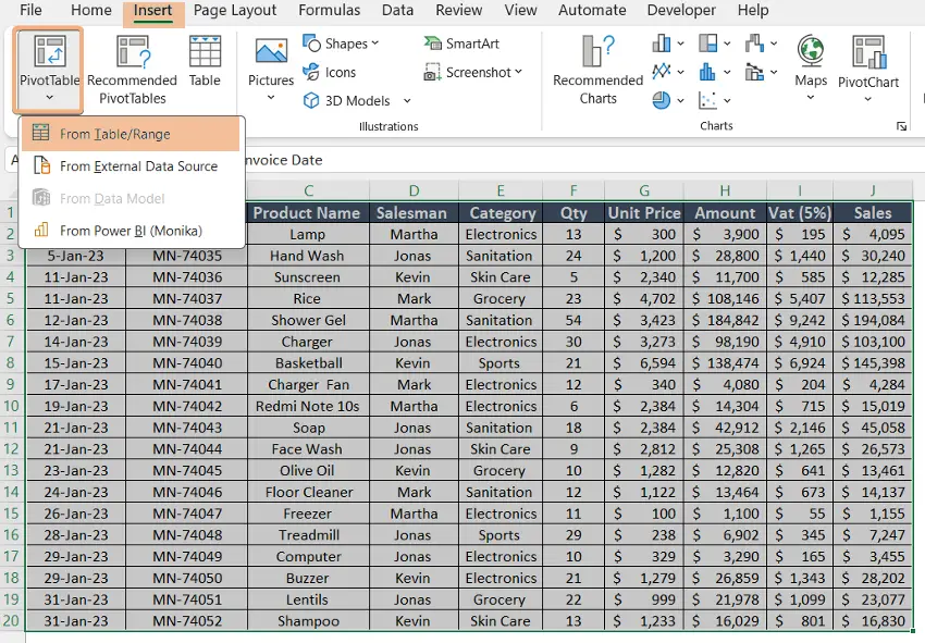 Steps to insert a pivot table in Excel