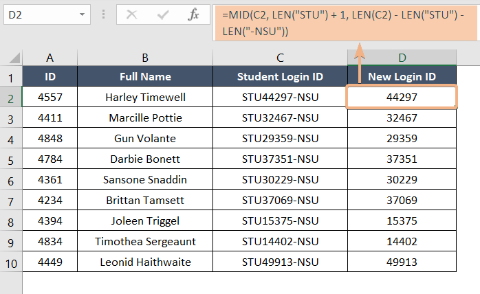 MID and LEN functions to remove prefix and suffix simultaneously