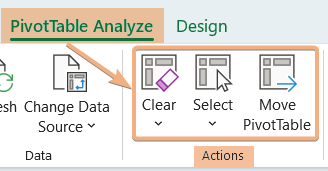 Clear, Select and Move PivotTable tools under Actions group