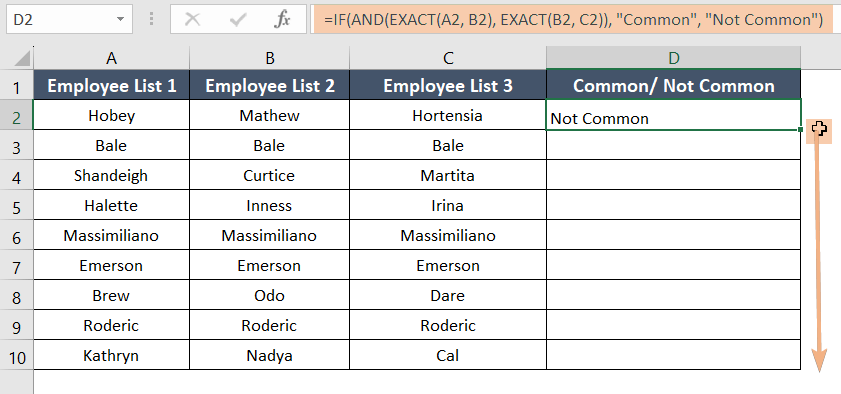 To compare three columns in excel, using the combination of IF, AND and exact functions