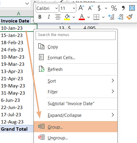 Access Group by right-click menu to group by month in Excel Pivot Table