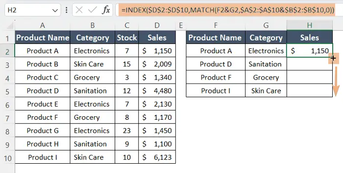 INDEX and Match Functions to match multiple columns and output in a third