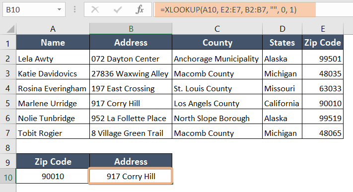 Using the XLOOKUP formula to look up a zip code