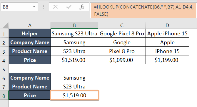 Using CONCATENATE and HLOOKUP functions with two lookup values
