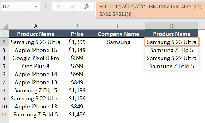 To partial match multiple values, use FILTER, ISNUMBER and SEARCH Functions