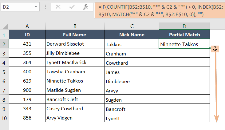 Utilize a blend of IF, COUNTIF, INDEX, and MATCH functions for effective partial matching in two columns within Excel