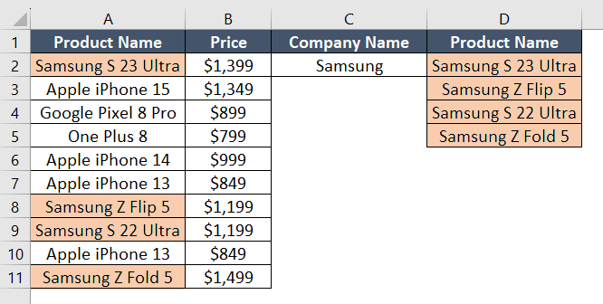 Final result of using FILTER , ISNUMBER and SEARCH functions for multiple lookup values