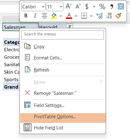 Accessed PivotTable Options to Pivot Table clear cache in Excel