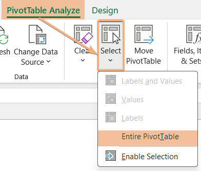 Selection of Entire PivotTable option to delete Pivot Table