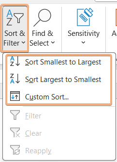 Sort & Filter to sort Pivot Table by value in Excel