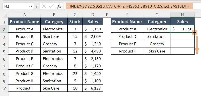 Applied IF, INDEX and MATCH functions to match multiple columns and returned to a third