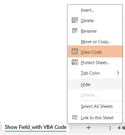 Selected View Code to open Visual Basic Editor to show Pivot Table Fields