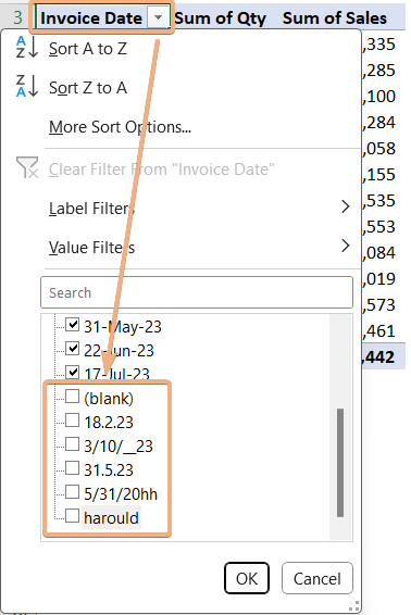 Unselect invalid items to filter cells to avoid error message