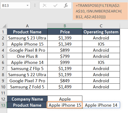 Use the combination of TRANSPOSE, FILTER, ISNUMBER and SEARCH functions to Vlookup multiple match