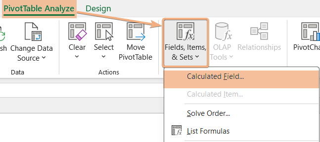 Choose Calculated Field in pivot table cheat sheet 