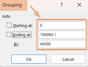 Specify starting and ending in the Grouping dialog box