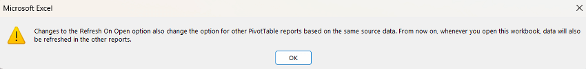 Shown message that it will refresh all pivot tables in the Excel workbook