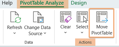 Selected Move PivotTable options from PivotTable Analyze tab in Excel