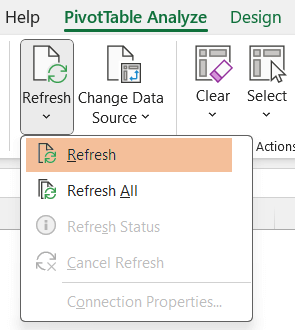 Selected Refresh to Pivot Table clear cache with PivotTable Options 