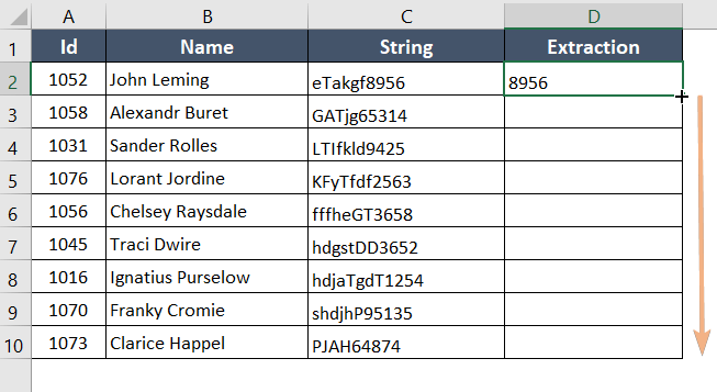 Dragging the combination of RIGHT MIN and SEARCH function to extract digits from the right side of the string