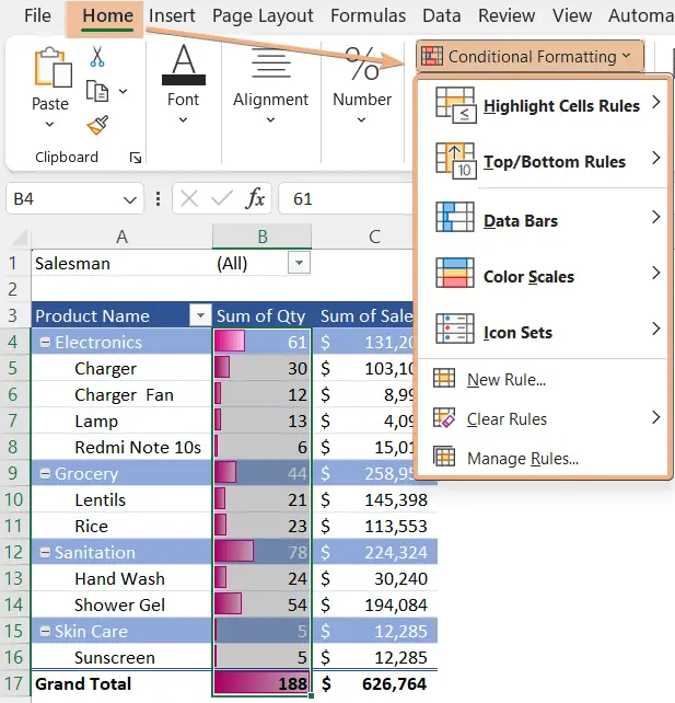 Apply Conditional Formatting in Pivot Table from Home tab