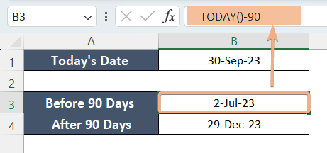 Calculated before the 90 days from the date using TODAY function 