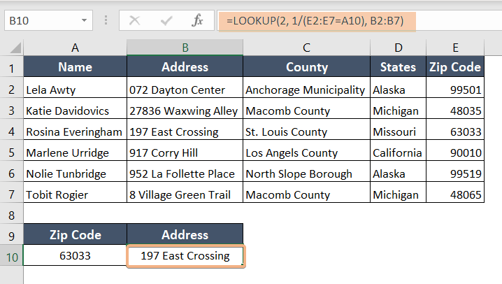 Use LOOKUP function to lookup zip code